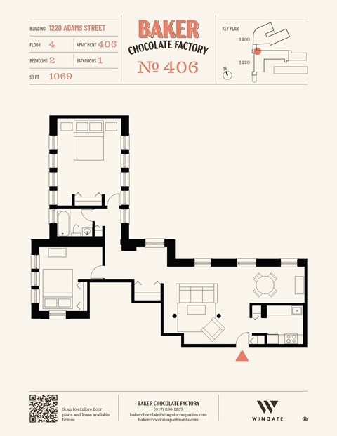 Floor plan for 2 beds, 1 bath, 968 sqft